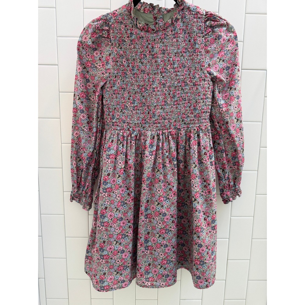 Janie and Jack Girls Floral Smocked Long Sleeve Dress Sage Pink Blue Size 10